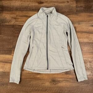 Athleta Track Jacket S Gray White Herringbone Full Zip Pockets Mock Neck Hiking